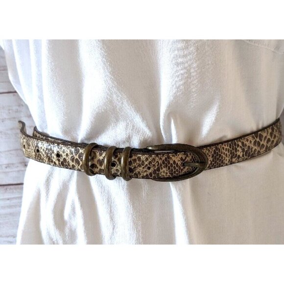 Eaton Women Skinny Belt Reptile Python Animal Print Brown Size L Made In Canada - Picture 2 of 8